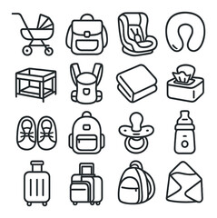 Baby essentials linear icon set. stroller, backpack, car seat, nursing pillow, crib, bib, pacifier, bottle, envelope.