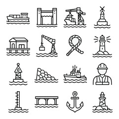 Marine infrastructure linear icon set: ship, dock, crane, lighthouse, anchor, engineer, rope, bridge