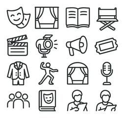 Theater linear icon set. containing drama, stage, script, director, megaphone, ticket, actor, and more.
