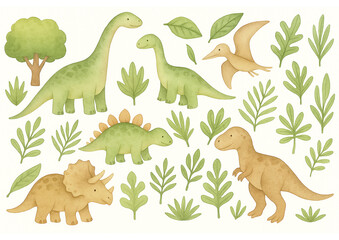 ute Watercolor Dinosaurs with Unique Jungle Foliage – Nursery & Party Illustration
