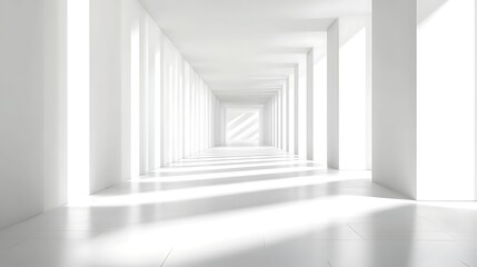 A sunlit white hallway extending into the distance