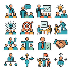 Business meeting flat icon set. containing presentation, teamwork, strategy, discussion, leadership, coaching, handshake.