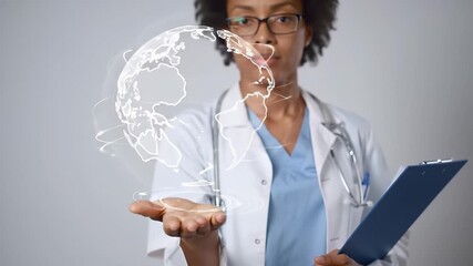 African American female doctor white coat with stethoscope and clipboard presenting glowing digital globe hologram, symbolizing global healthcare innovation and technology, focused healthcare - Powered by Adobe