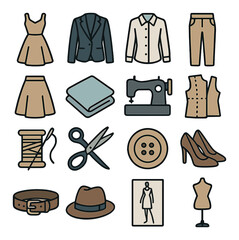Fashion linear icon set. containing dress, suit, shirt, pants, fabric, sewing machine, shoes, and more.