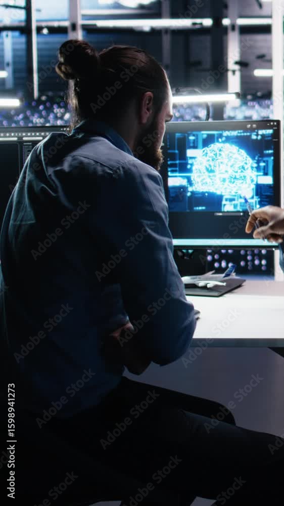 Poster vertical video data center admin teaching intern to monitor neural network using ai. it expert and a