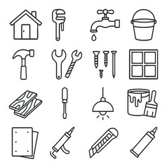 Obraz premium Home repair linear icon set. containing house, hammer, wrench, faucet, window, screwdriver, lamp, and more.