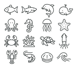 Marine life linear icon set. featuring fish, shark, dolphin, whale, octopus, seahorse, jellyfish, starfish.