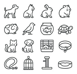 Pet linear icons set. featuring dog, cat, rabbit, hamster, fish, bird, turtle, collar, and more.