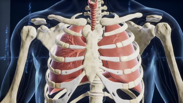 Human ribcage lung sternum anatomy illustration showing detailed bone skeleton and respiratory system structure, medical education, health, biology concept, upper body skeleton anatomy, internal