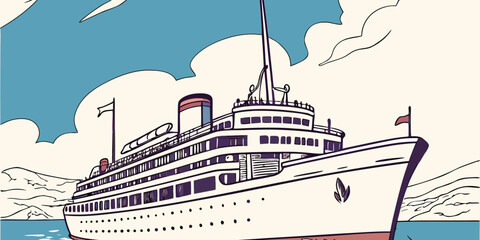Obraz premium Vintage cruise ship illustration artwork showcasing ocean liner travel and nautical vessel design style art