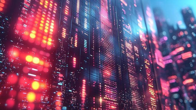 Cyberpunk Cityscape: Digital Data Streams and Glowing Lights - Powered by Adobe