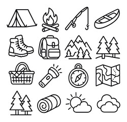 Camping linear icon set. contains tent, campfire, fishing rod, canoe, hiking boots, backpack, mountains, trees, and more.