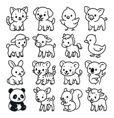 Naklejka premium Animal linear icon set: cat, dog, bird, pig, sheep, cow, horse, duck, rabbit, tiger, bear, koala, panda, deer, squirrel, goat
