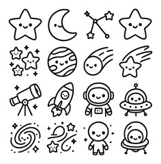 Astronomy linear icon set. featuring stars, moon, constellation, planet, comet, telescope, rocket, astronaut, ufo.