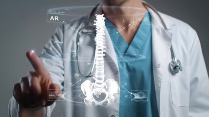 Doctor Blue Scrubs and White Coat Uses Stethoscope to Interact with Augmented Reality Hologram of Spine and Pelvis, Showcasing Futuristic Medical Technology, Digital Anatomy, and Healthcare Innovation - Powered by Adobe
