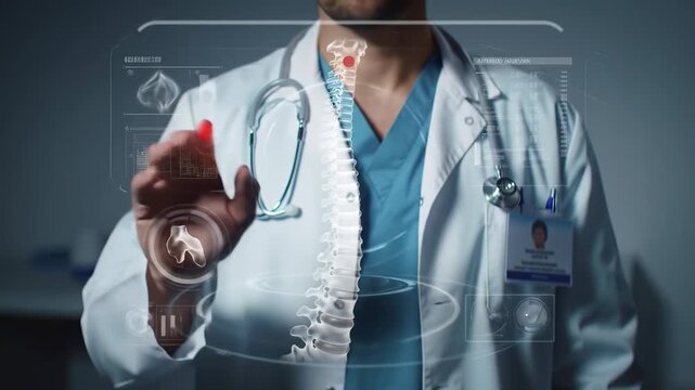 Doctor white coat and blue scrubs interacts with futuristic digital interface displaying human spine, medical data, and holographic elements, highlighting advanced healthcare technology - Powered by Adobe