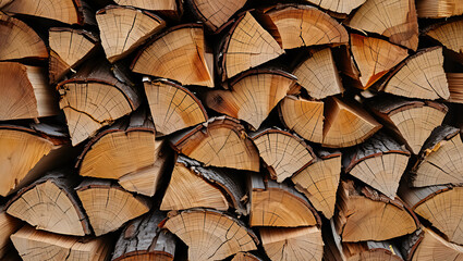A closeup, detailed view of a neatly stacked pile of freshly cut firewood, showcasing the natural wood grain and textures