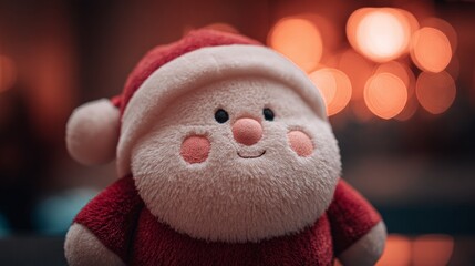 Cute plush santa toy with festive bokeh background