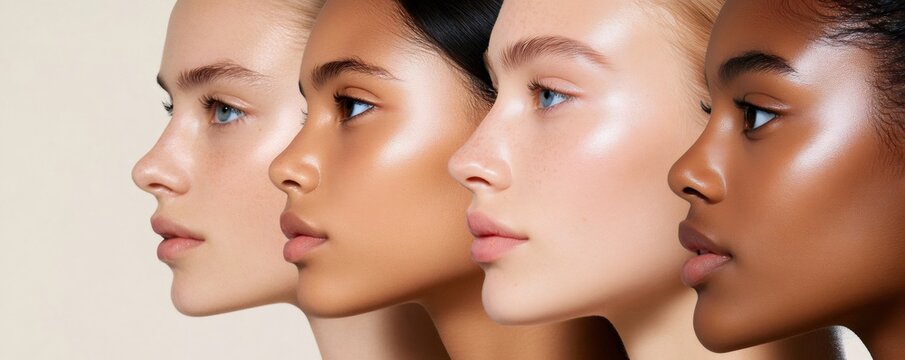 Multiracial young adults standing together, radiating confidence and skin positivity, representing global youth connection and inclusive beauty standards