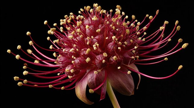 A close-up of a dark reddish-pink flower with numerous thin, spiky petals radiating outwards from a central, bulbous cluster of smaller blooms.  The flower  - Powered by Adobe