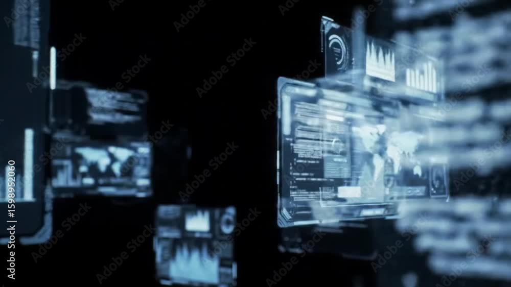 Poster looping holographic panels displaying graphs, charts, and codes in digital space