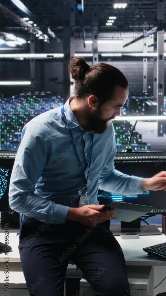 Poster vertical video manager supervising woman in data center coding with generative ai assistance. superv