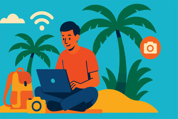 Remote Work Travel Lifestyle – Person Working on Laptop Under Palm Trees with Backpack and Camera – Flat Vector Illustration