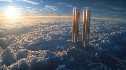 Futuristic Cityscape Above the Clouds at Sunset