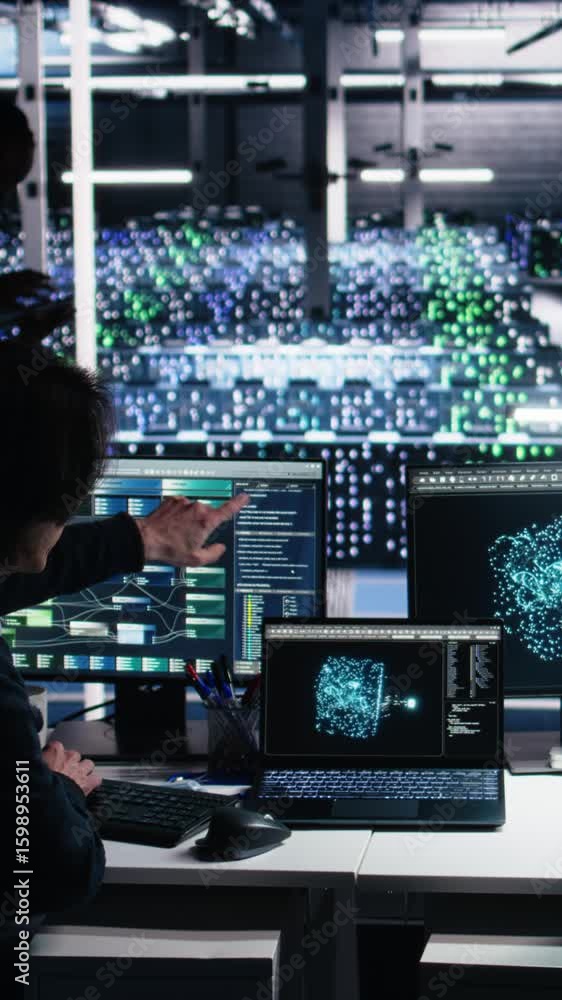 Poster vertical video senior programmer and coworker in data center coding with generative ai assistance. t