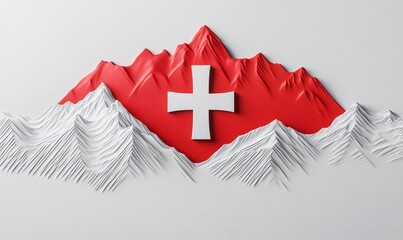 Mountainous silhouette embossed on white surface, highlighting red field with white cross, representing swiss national pride and cultural identity