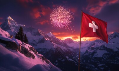 Swiss alpine landscape marking national day, fireworks illuminating snow-covered peaks during sunset, national flag billowing against dramatic mountainous backdrop