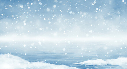 Winter watercolor scene with snowflakes and icy blue washes, cool and crisp atmosphere