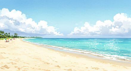 Fototapeta premium Summer watercolor beach scene with soft sand, turquoise water, and bright sun highlights