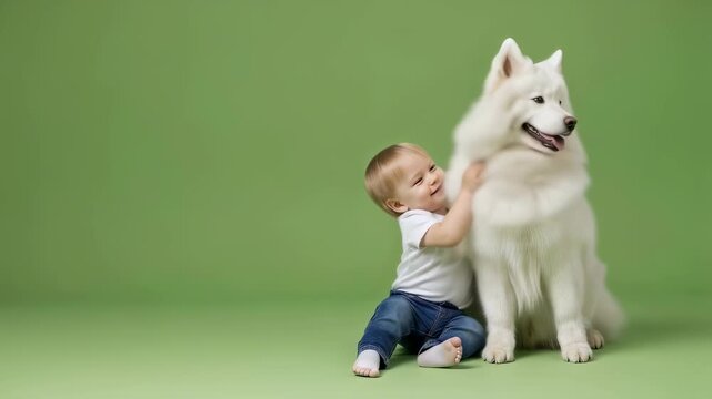 Toddler boy playing with friendly white Samoyed dog on green background. Child and pet companionship. Animal care and friendship concept for kid