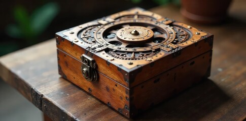 Intricate wooden puzzle box with interwoven gears and latches, a captivating challenge for logic and dexterity Solve the mystery to unlock its secrets , wooden puzzle, wooden