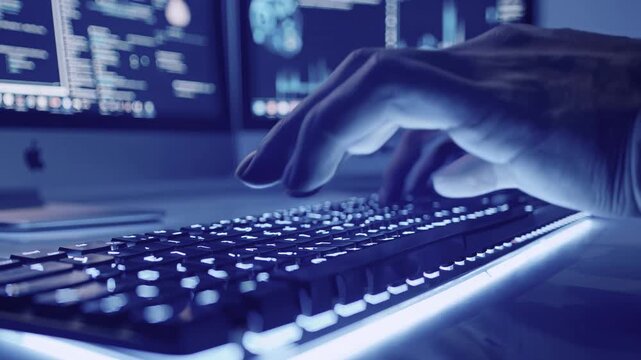 Close view shows programmer hands racing across bright keys, programmer mind compiles ideas and distant monitor confirms programmer build success. Concept tech creativity