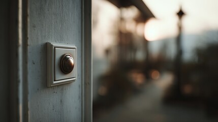 A close-up of an elegant doorbell at sunset, highlighting its intricate design and warm colors.