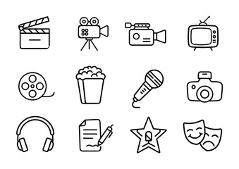 Film and entertainment icons including clapperboard, camera, and popcorn  