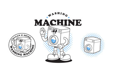 Washing machine cartoon mascot design in outline style with showing ok hand. Funny washing machine character illustration logo set. Laundry service character mascot with washing machine design