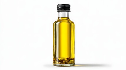 Glass bottle of oil with visible seeds.