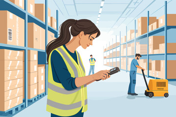 Warehouse inventory management system worker scanning boxes with handheld barcode scanner device technology