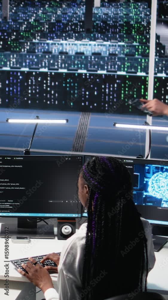 Poster vertical video technicians in data center review ai diagnostics, analyzing neural network performanc