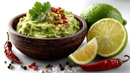 Obraz premium Fresh guacamole in a wooden bowl with lime slices and chili peppers.