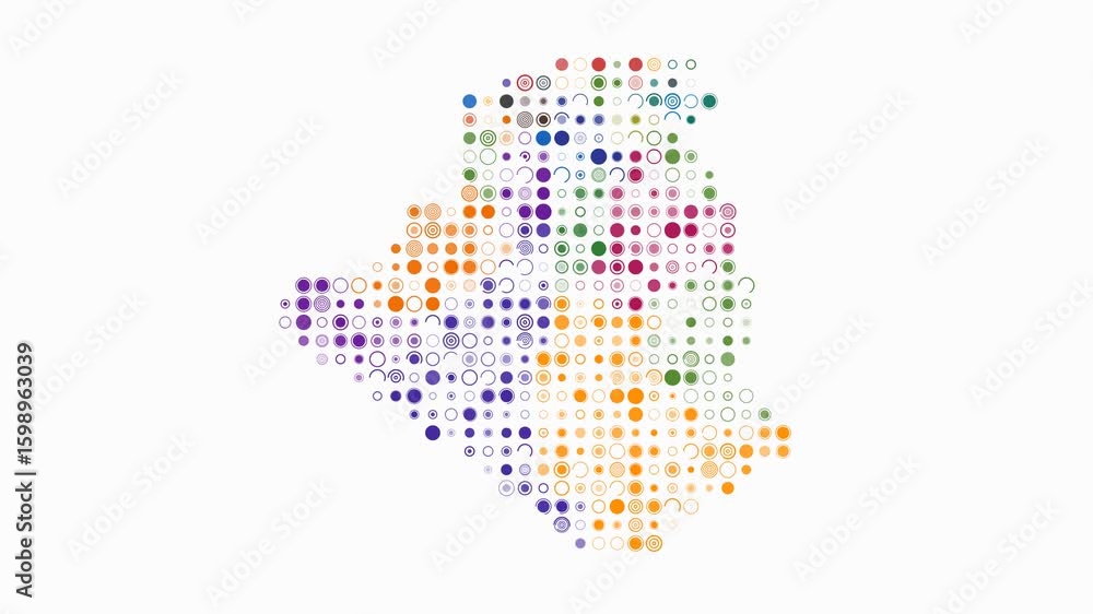 Poster algeria dotted animation. shape of the country build of pulsating colored dots. large size circle bl