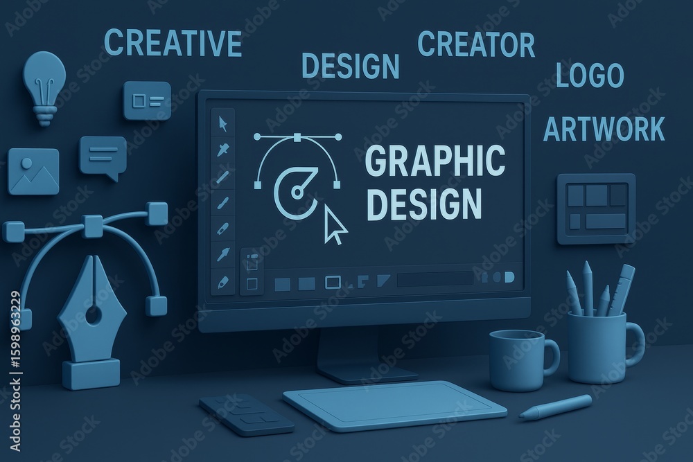 Fototapete graphic design workspace featuring software interface, surrounded by creative icons, illustrating di