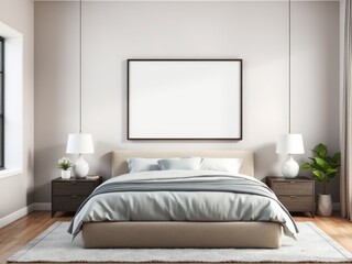 A bedroom with a bed, two nightstands, lamps, a blank framed picture, and a rug on the floor
