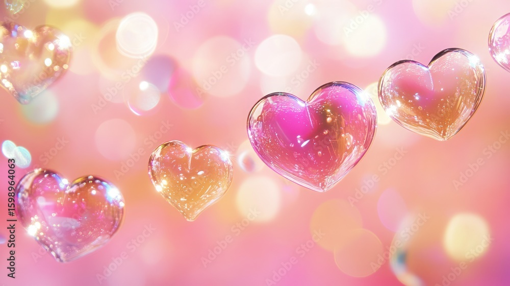 Aufkleber translucent heart-shaped bubbles float against a soft pink and gold bokeh background, creating a dre