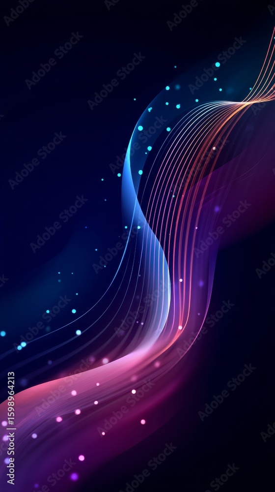 Poster light trails weaving vibrant patterns through shadowy space, illuminated by glittering particles dan