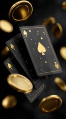 Falling black spades playing cards with golden accents scattering gold casino chips against dark shadowy backdrop, evoking high stakes gambling elegance
