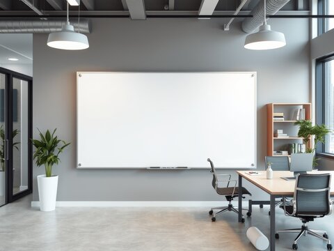 A modern office space with a large whiteboard, table, chairs, and plants in a well lit room - Powered by Adobe